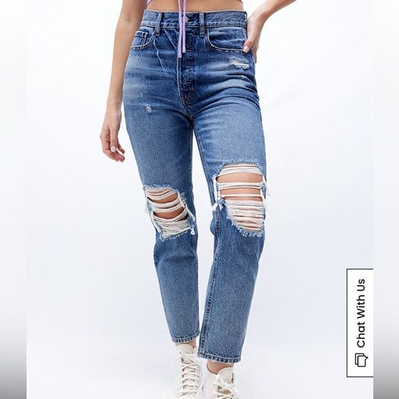 PacSun Ultra High Rise Slim Blue Denim 24 Ripped Distressed Ripped Streetwear - Picture 1 of 9
